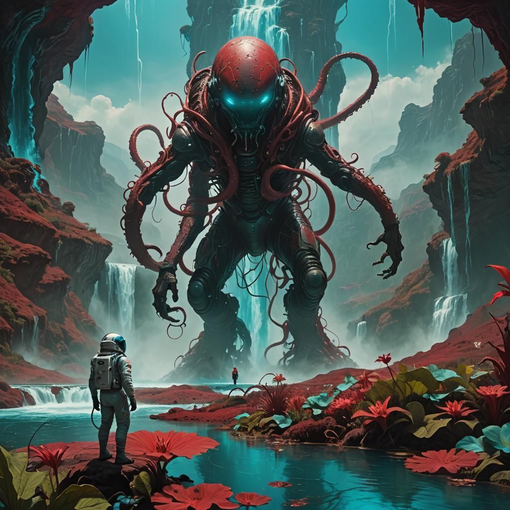 Astronaut and Alien Creature in Dreamlike Landscape