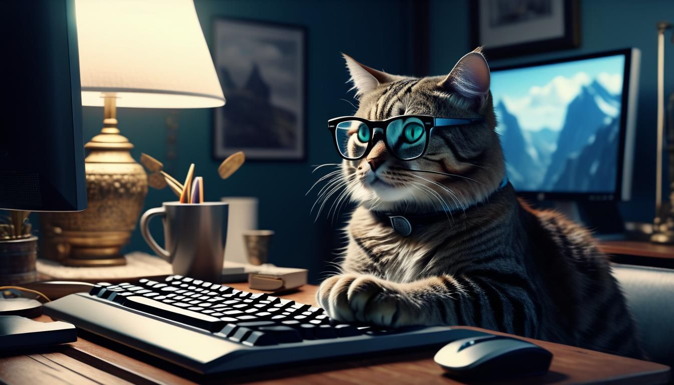 Cat Using Computer as Digital Painting