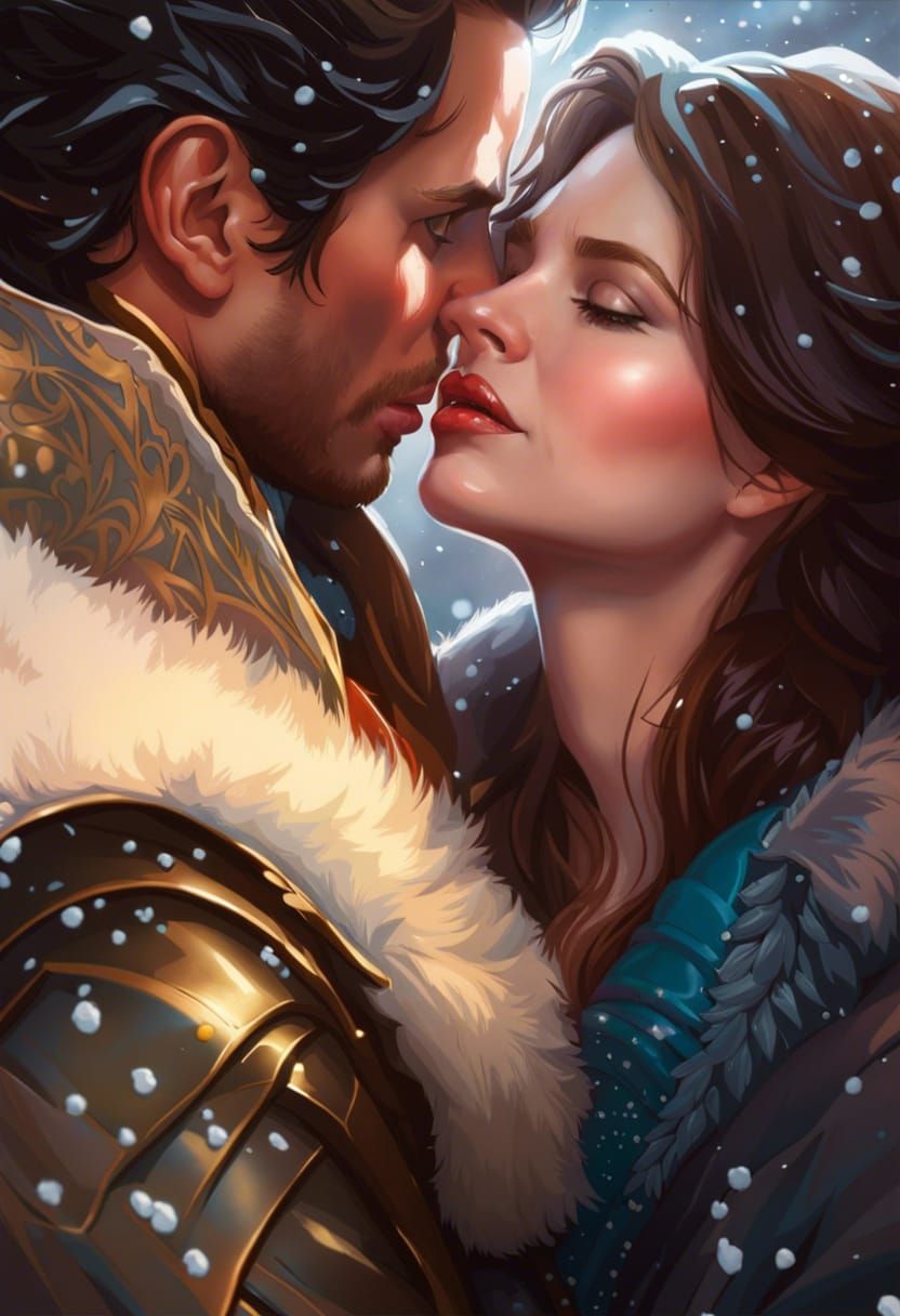 Romantic Kiss in the Snow: Art Nouveau Portrait