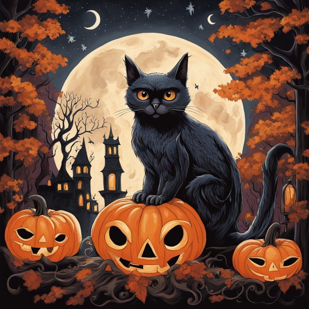 Wise Owl on Jack-o'-Lantern, Magical Halloween Night