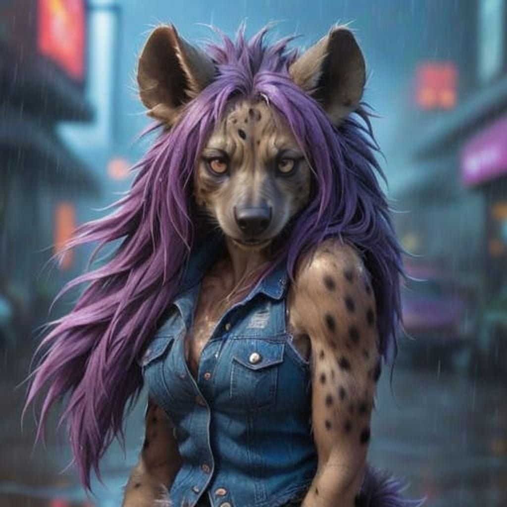 Sensual Furry Hyena in Rainy Storm