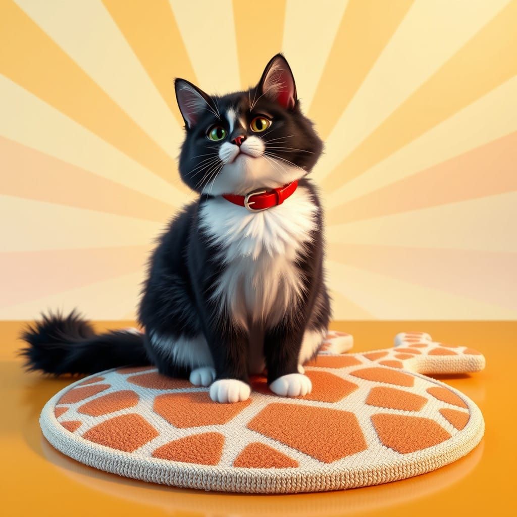 Fluffy Black and White Cat in Giraffe Patterned Scratching M...