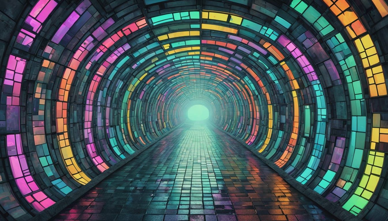 Vibrant Surrealistic Rainbow Tunnel in a Post-Apocalyptic Ci...