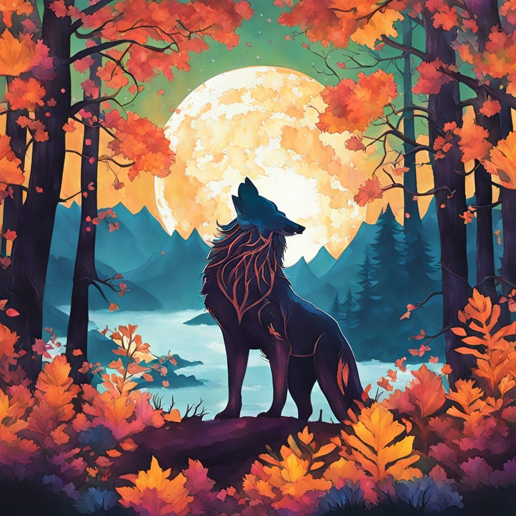 Majestic Wolf Howls at Golden Moon in Enchanted Forest