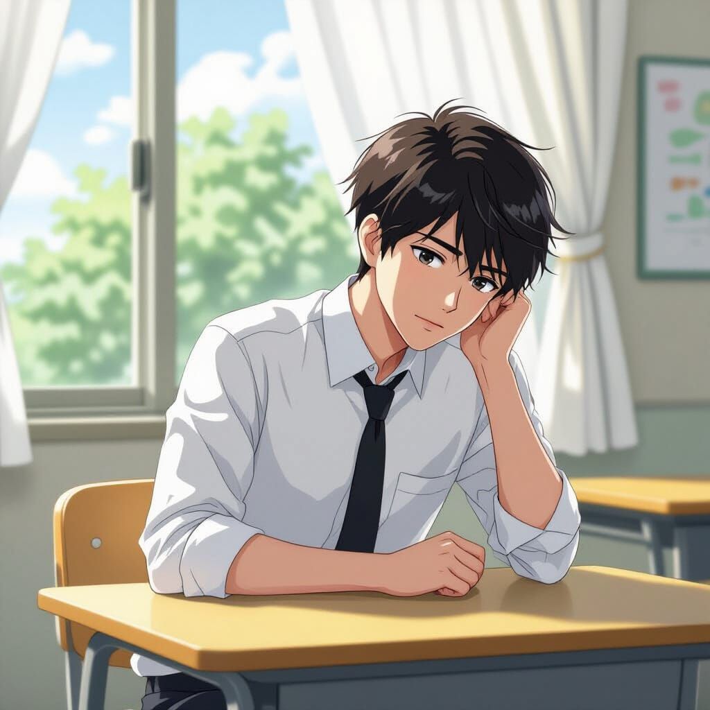 Pensive Young Man in Anime Style Classroom