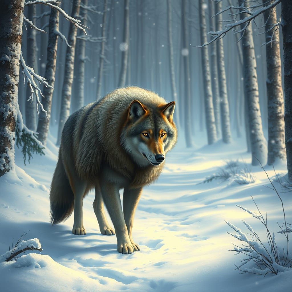 Wolf Strolls Through Frosty Winter Wonderland in Traditional...