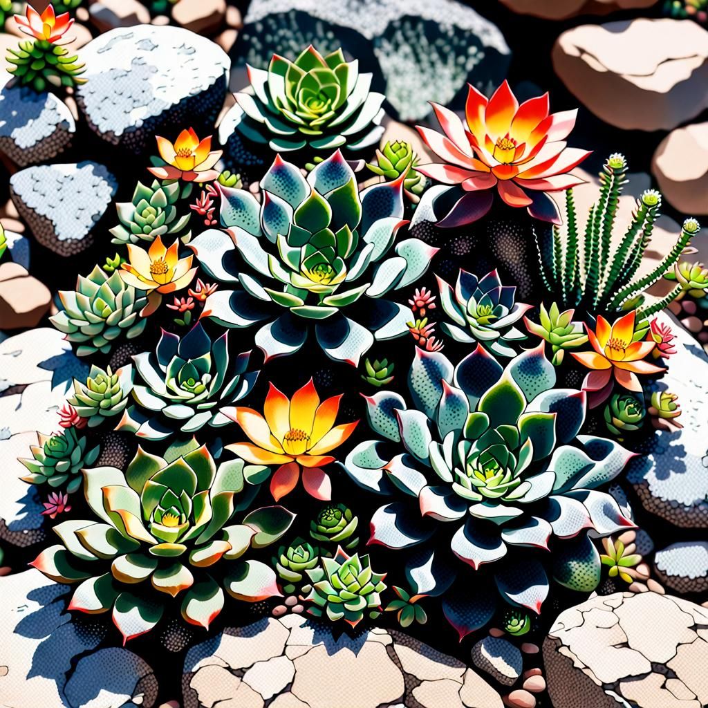 Flowering Succulents Growing on Rock, Realistic Close-Up