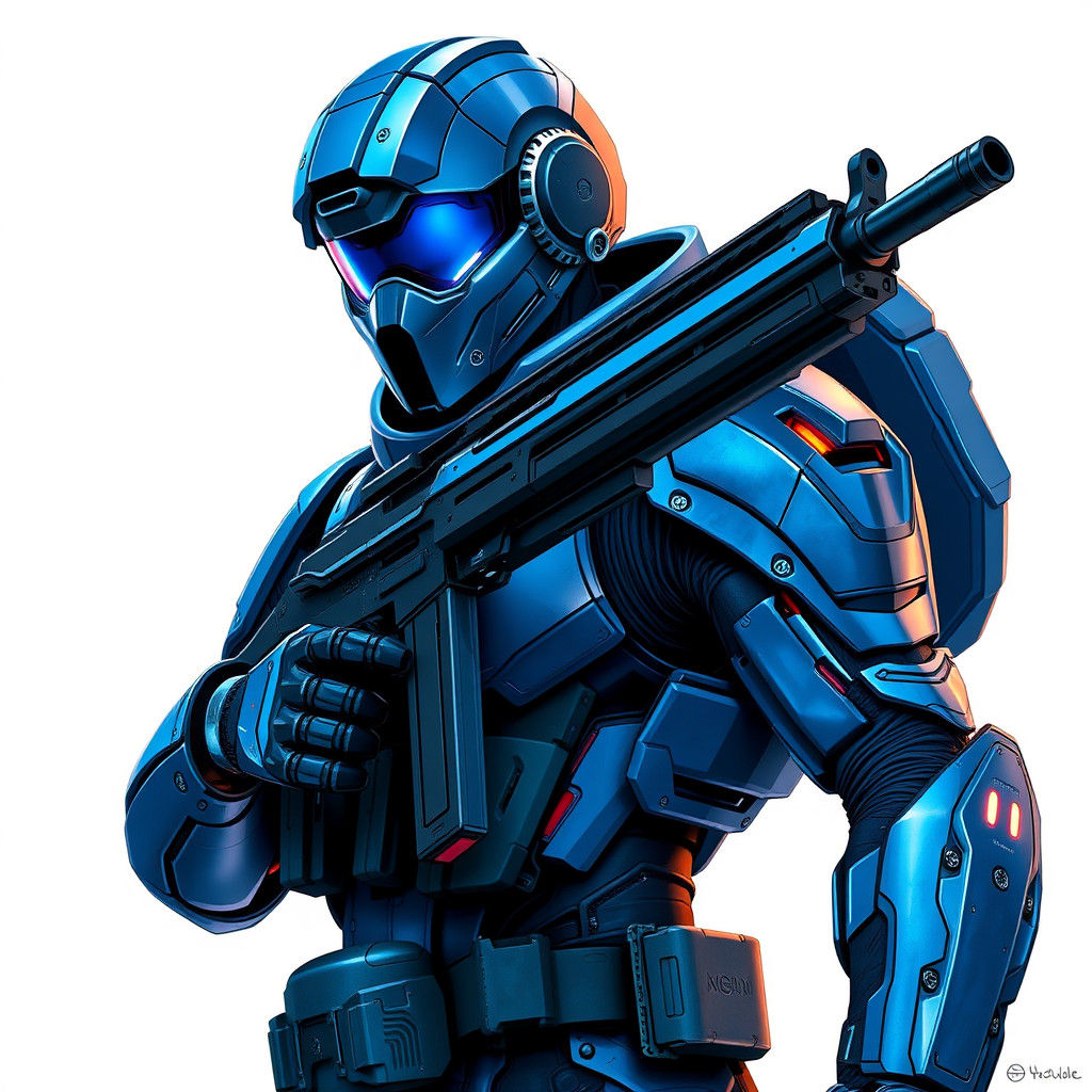 Futuristic Soldier in Blue Armor with Glowing Rifle
