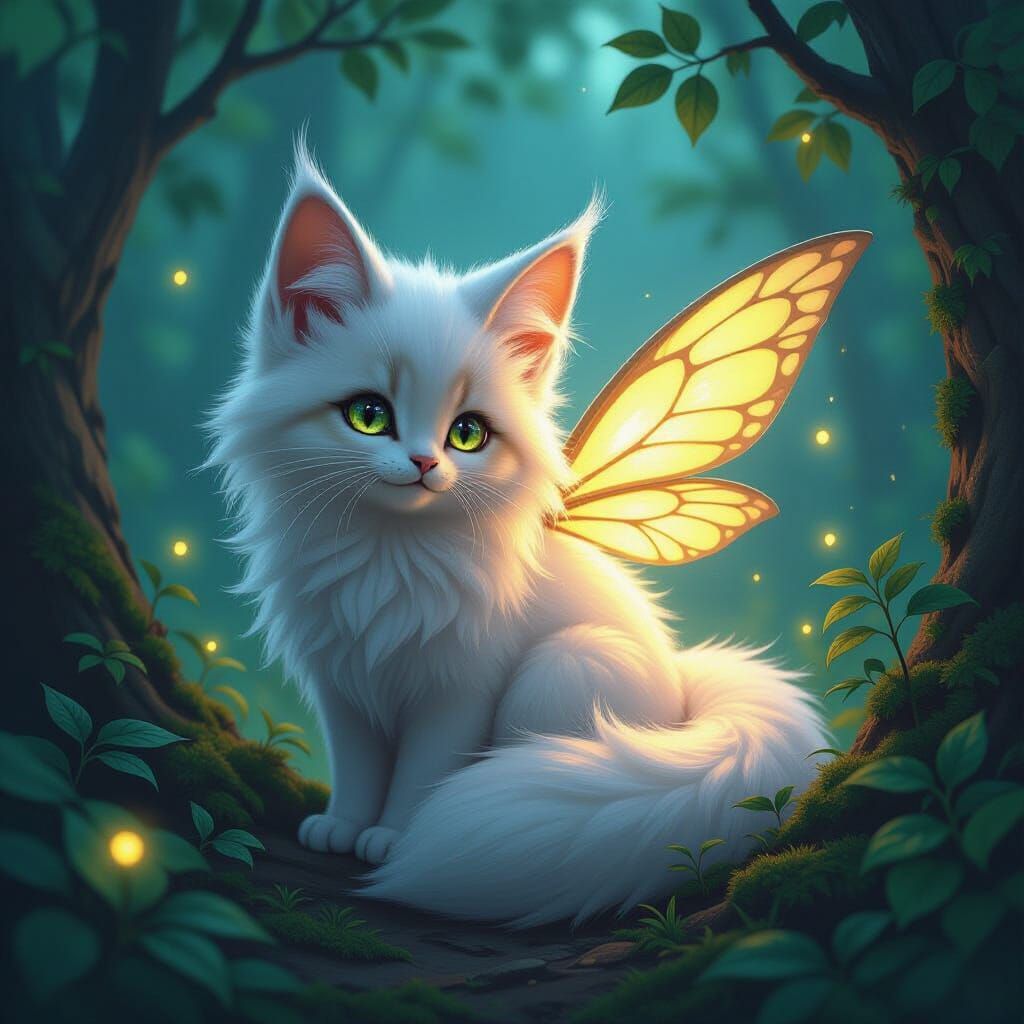 Cute Cat-Fox Creature with Leafy Wings in Enchanted Forest