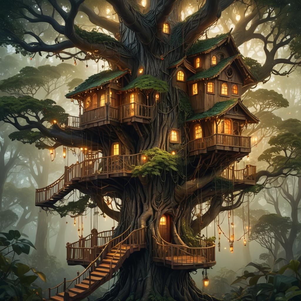 Enormous Treehouse in Misty Forest: Digital Concept Art