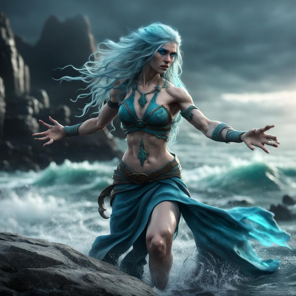 Water Genasi Druid Goddess on Stormy Shore