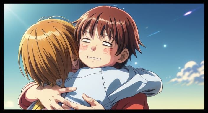 Anime-Style Child Hugs Mom in Golden Hour