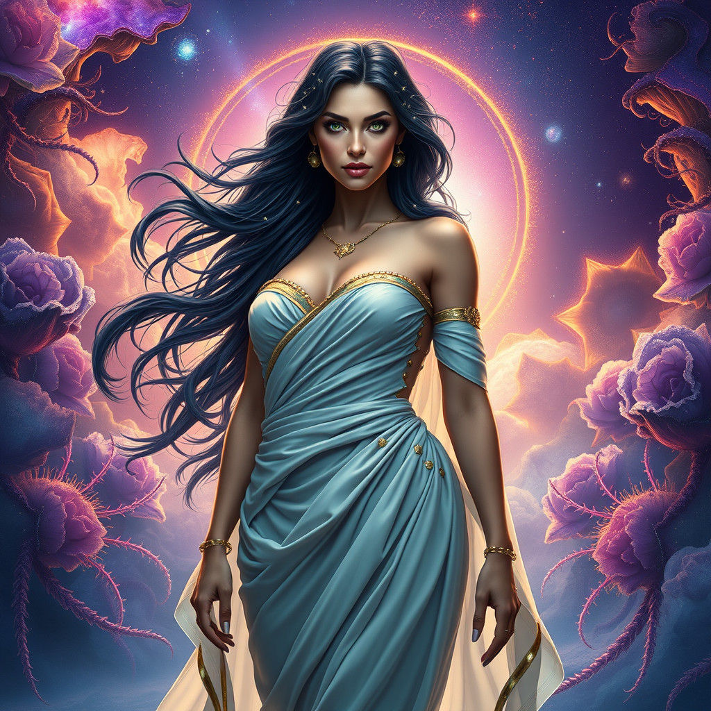 Majestic Woman in Cyberpunk Greek Fusion