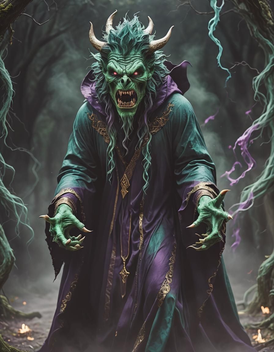 Eerie Green Monster Wizard Performing Dark Magic