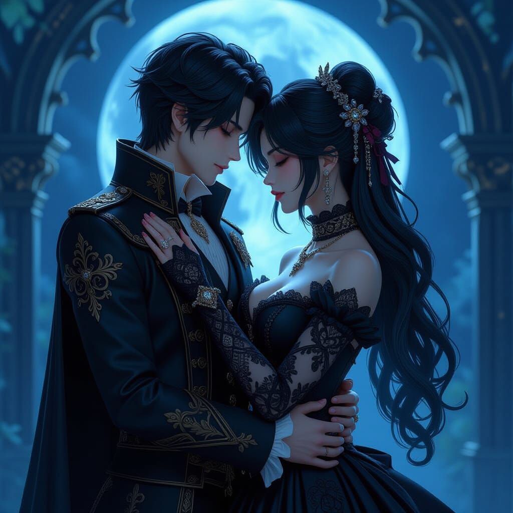 Gothic Couple Embrace in Moonlit Anime Art