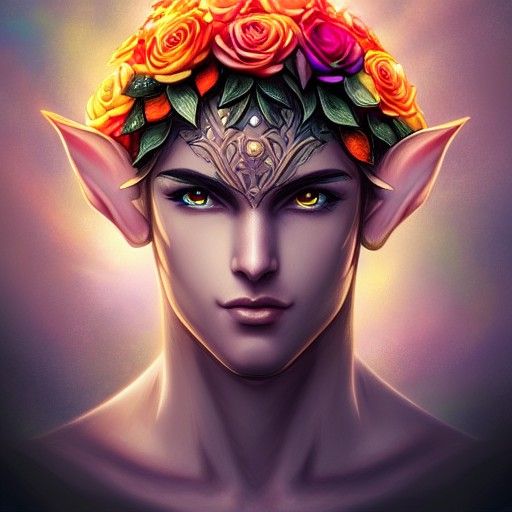 Elegant Elf with Rainbow Roses, Digital Illustration