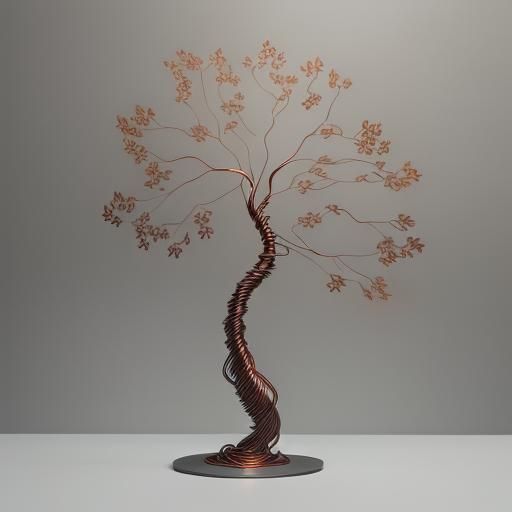 Copper wire tree sculpture, Fujifilm color positive, medium format, set against a brushed steel background, delicate met...