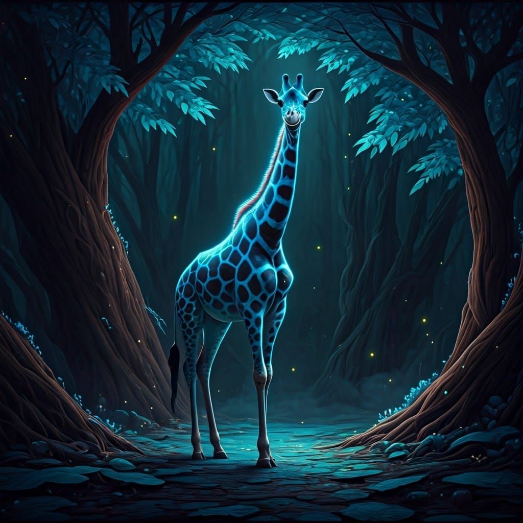 Majestic Celestial Giraffe Amidst Luminous Forest