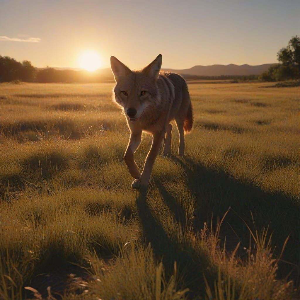 Coyote Runs Across Prairie in Golden Sunset Light
