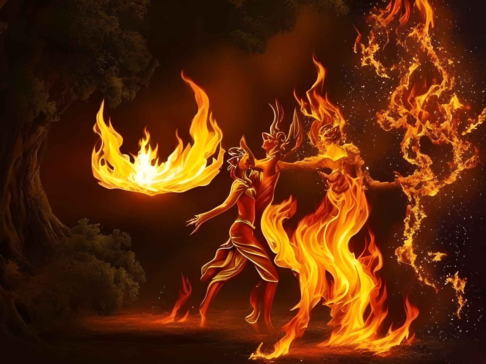 Colorful Fire Entities Dance in a Fantasy Landscape