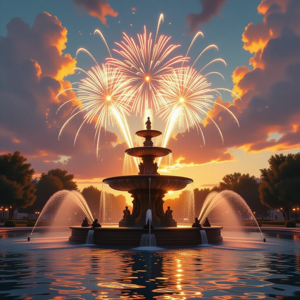 Majestic Fountain with Water Arcs and Sunlight