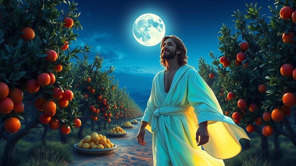 Glowing Jesus Walks Through Vibrant Olive Orchard