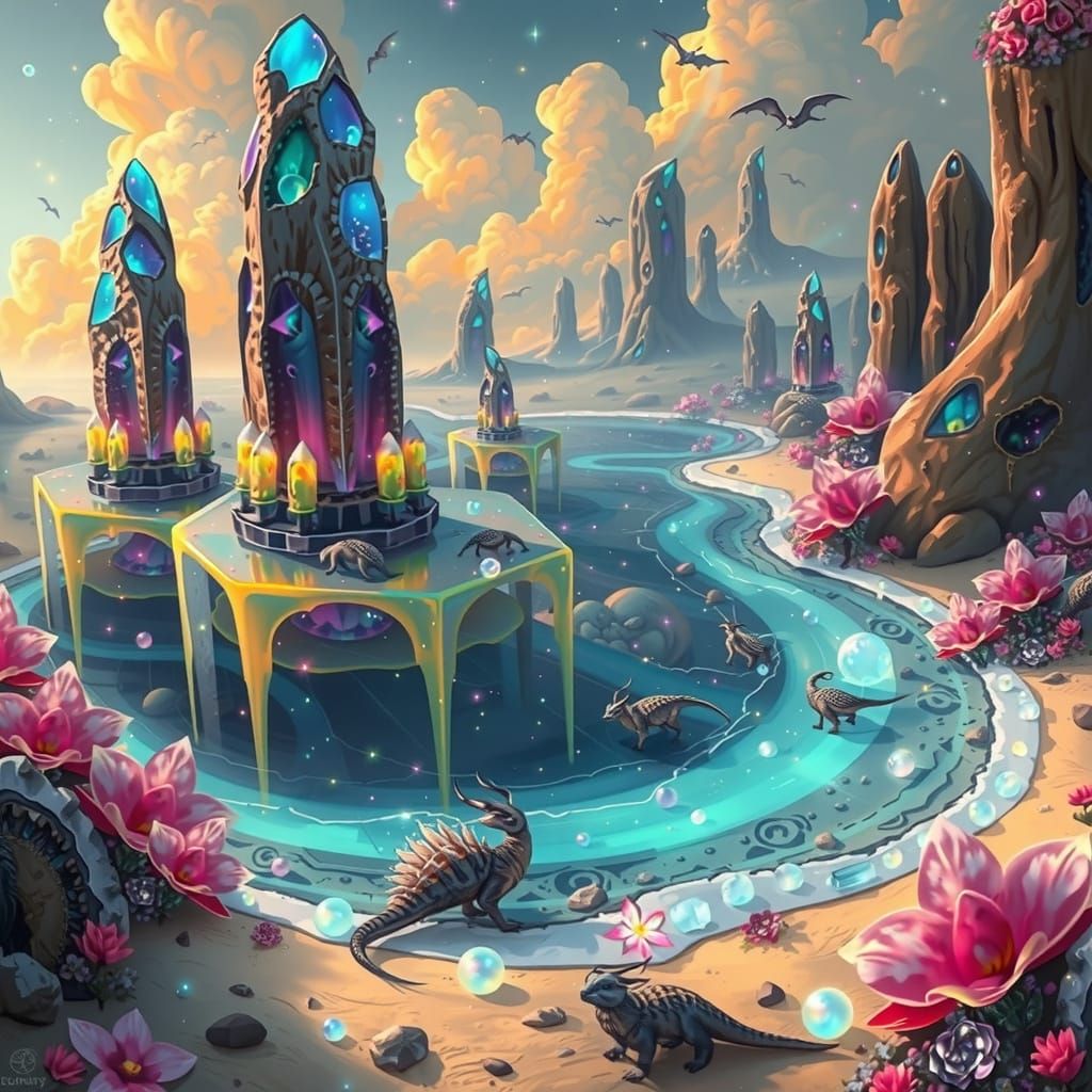 Bioluminescent Crystal Cavern with RPG Creatures