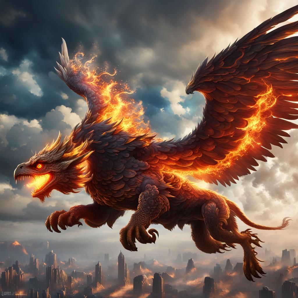 Fiery Griffin Ascending in Detailed Matte Painting