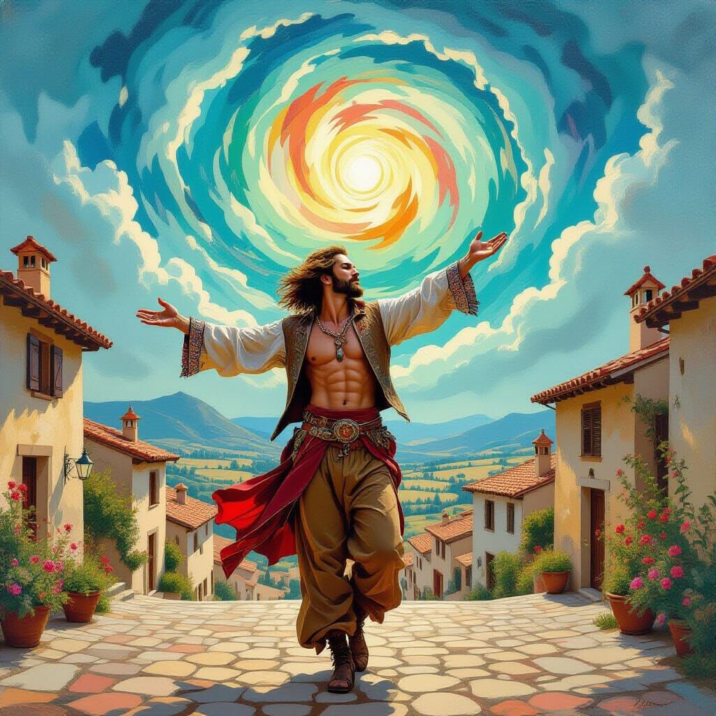 Surreal Masterpiece: Man in Bohemian Attire Performs in Vill...