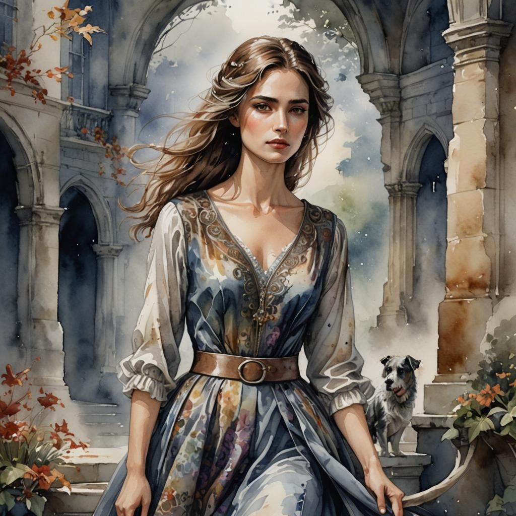 Watercolor Portrait of a Royal Woman with Animal Shadow