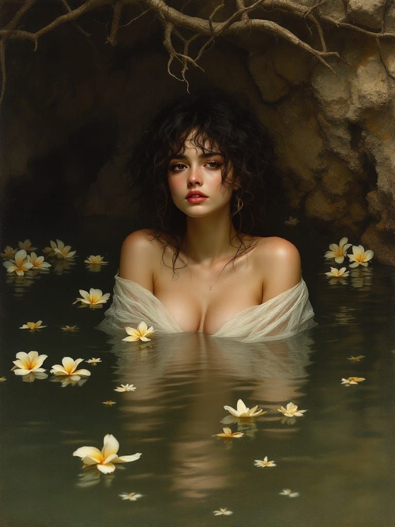 Woman in Grotto Pool Golden Hour Oil Painting