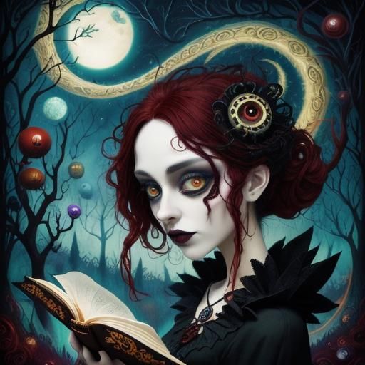 Gothic Redhead Reading: A Vibrant Fairytale Scene