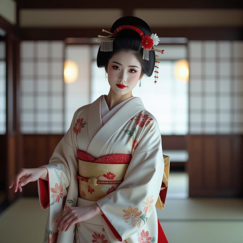 Woman Dancing in Kimono, Traditional Japanese Style