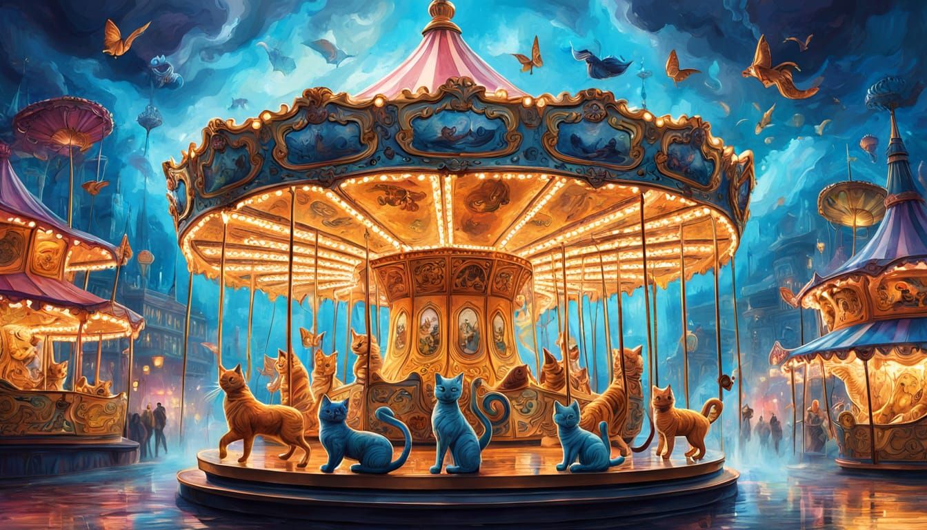 Whimsical Cat Carousel in Misty Fantasy Art