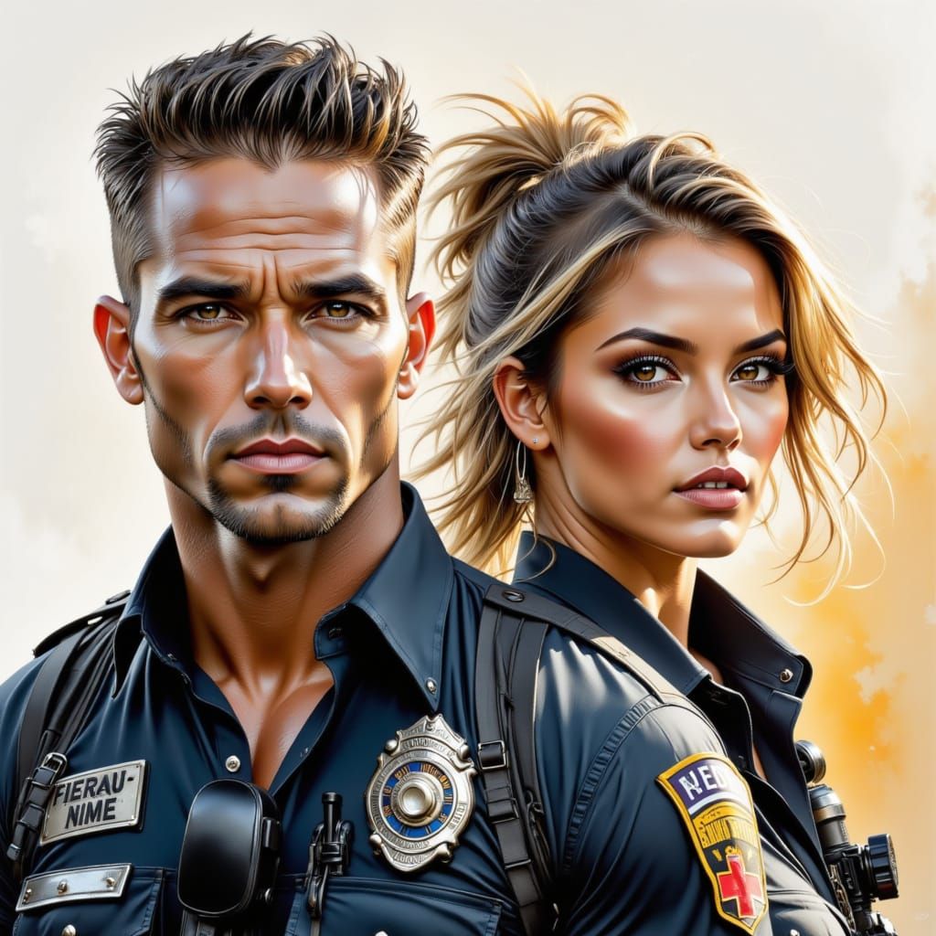 Heroic Firefighter and EMT Portrait Illustration