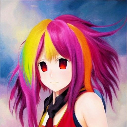 Akaza Akane with Rainbow Hair, Oil Painting