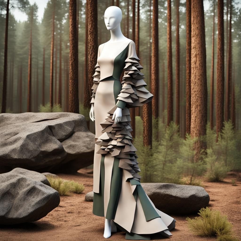 Fine Art Paper Collage : Rustic Granite Tiered Sheath Dress : Forest Rock Color Palette : Long Flowing Sleeves : 3d Sh...
