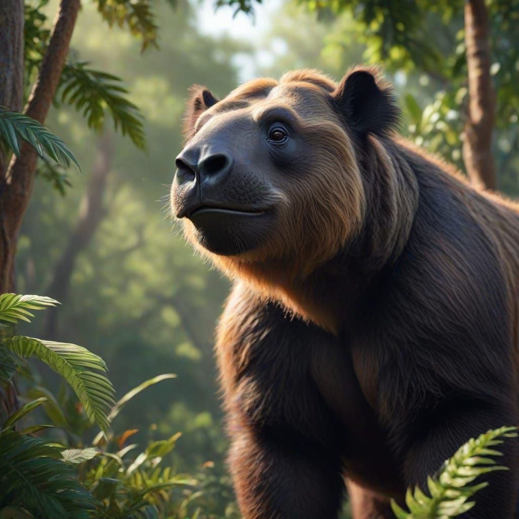 Realistic Megatherium Eating Leaves in Savannah