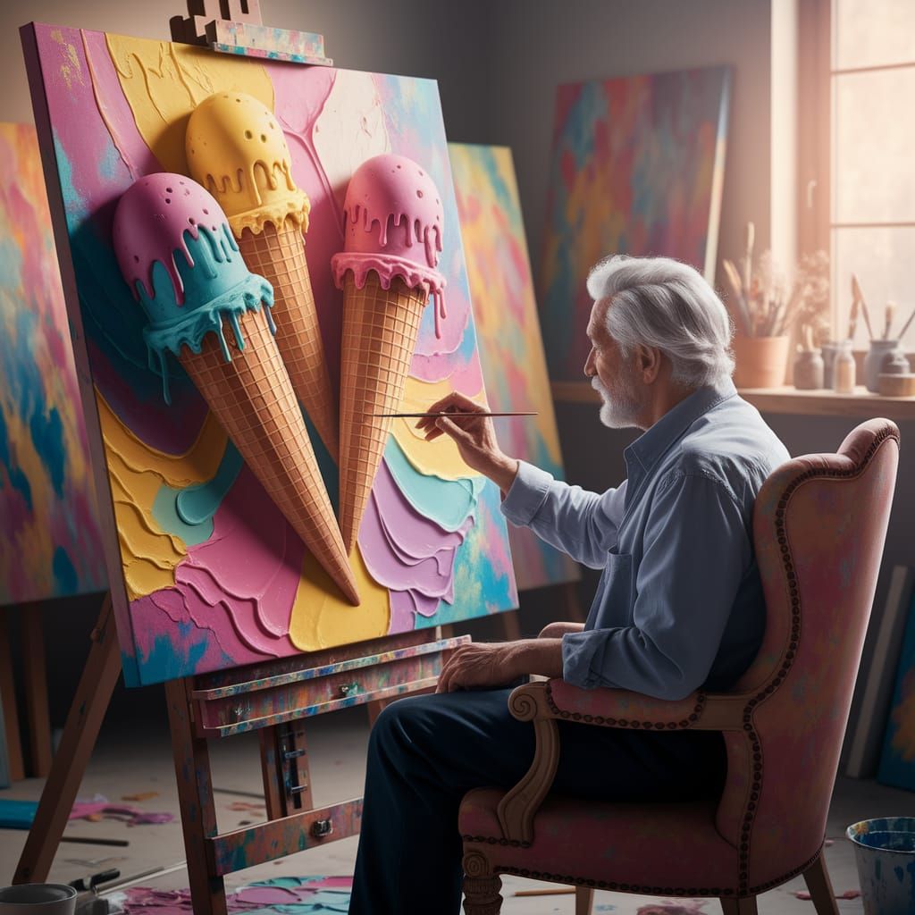 Hyper-Realistic Painting of Melting Ice Cream by Elderly Art...