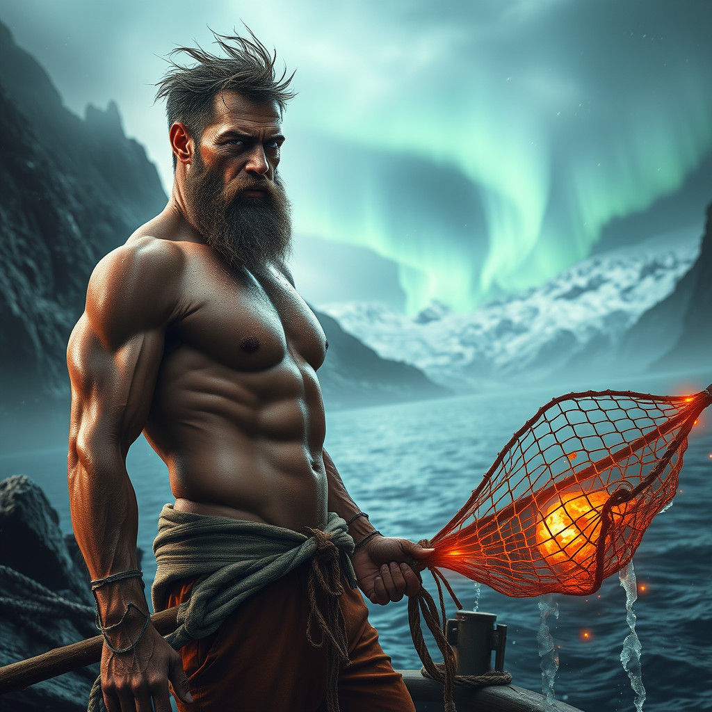 Heroic Fisherman on Alaskan Shoreline in Fantasy Art