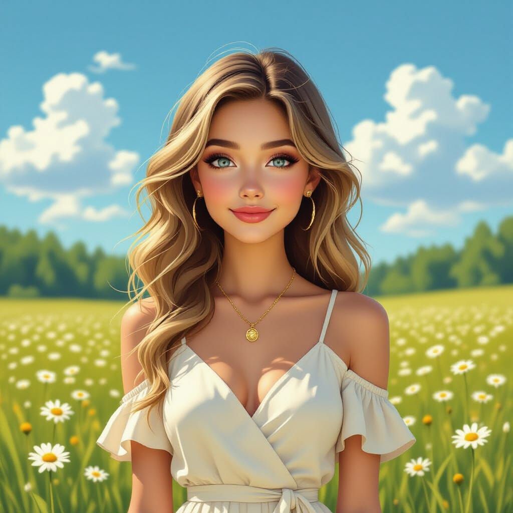 Charming Young Woman in Daisy Field, Razumov Style