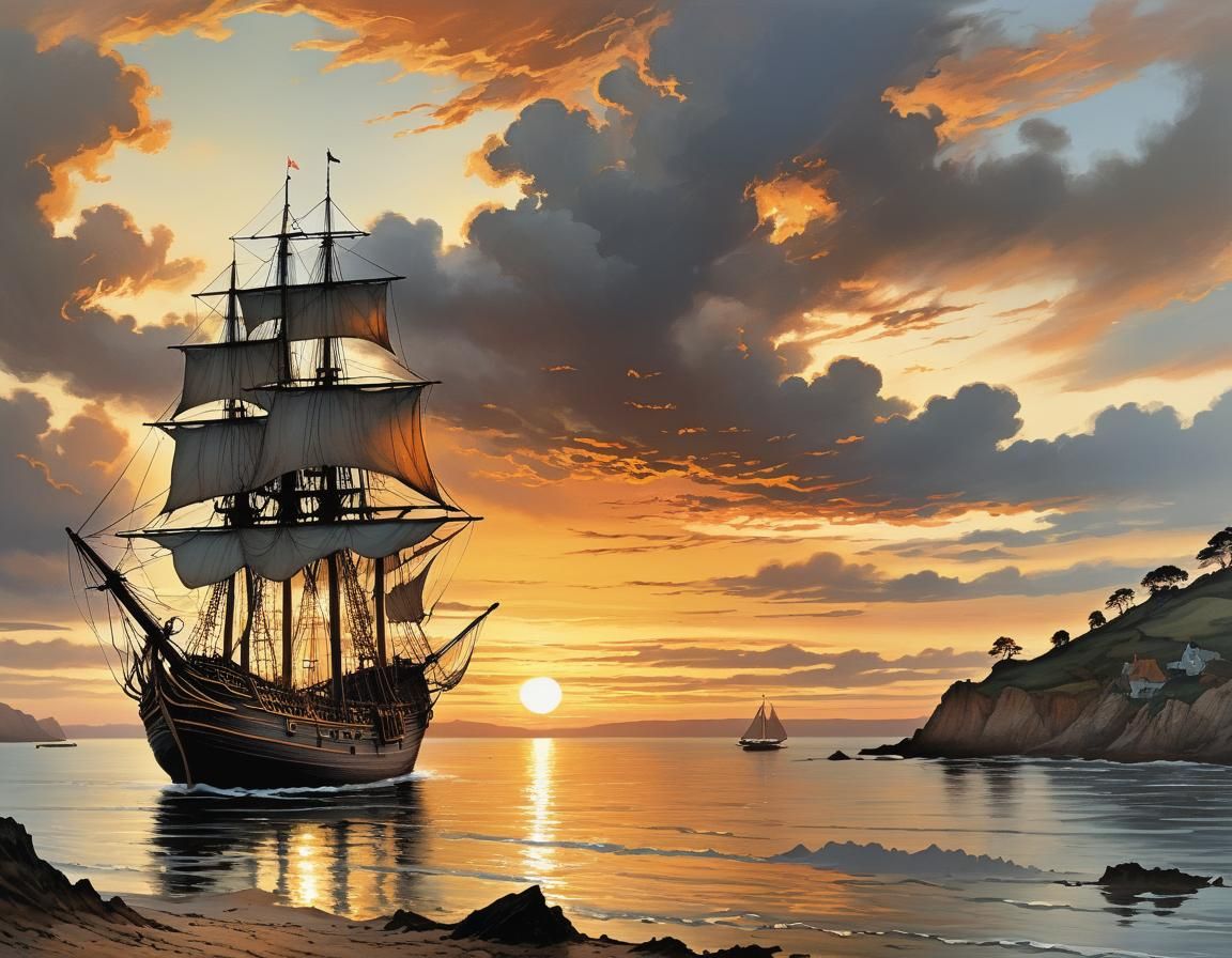 Sailing Ship at Sunset in Expressive Detail