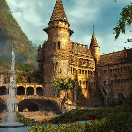 Elegant Medieval Fountain at Castle, Photorealistic