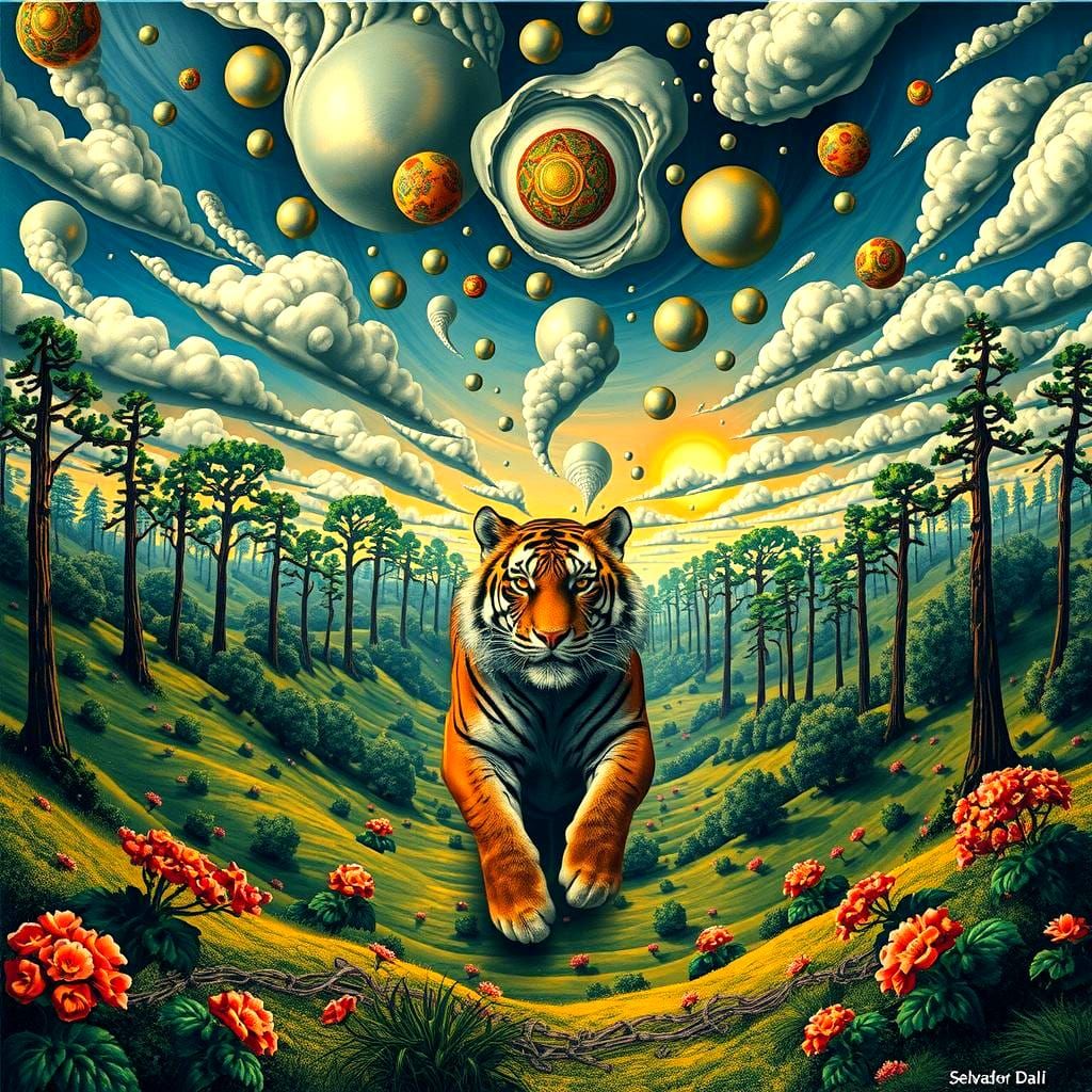 Surreal Landscape with Elastic Flora and Vortex Tiger