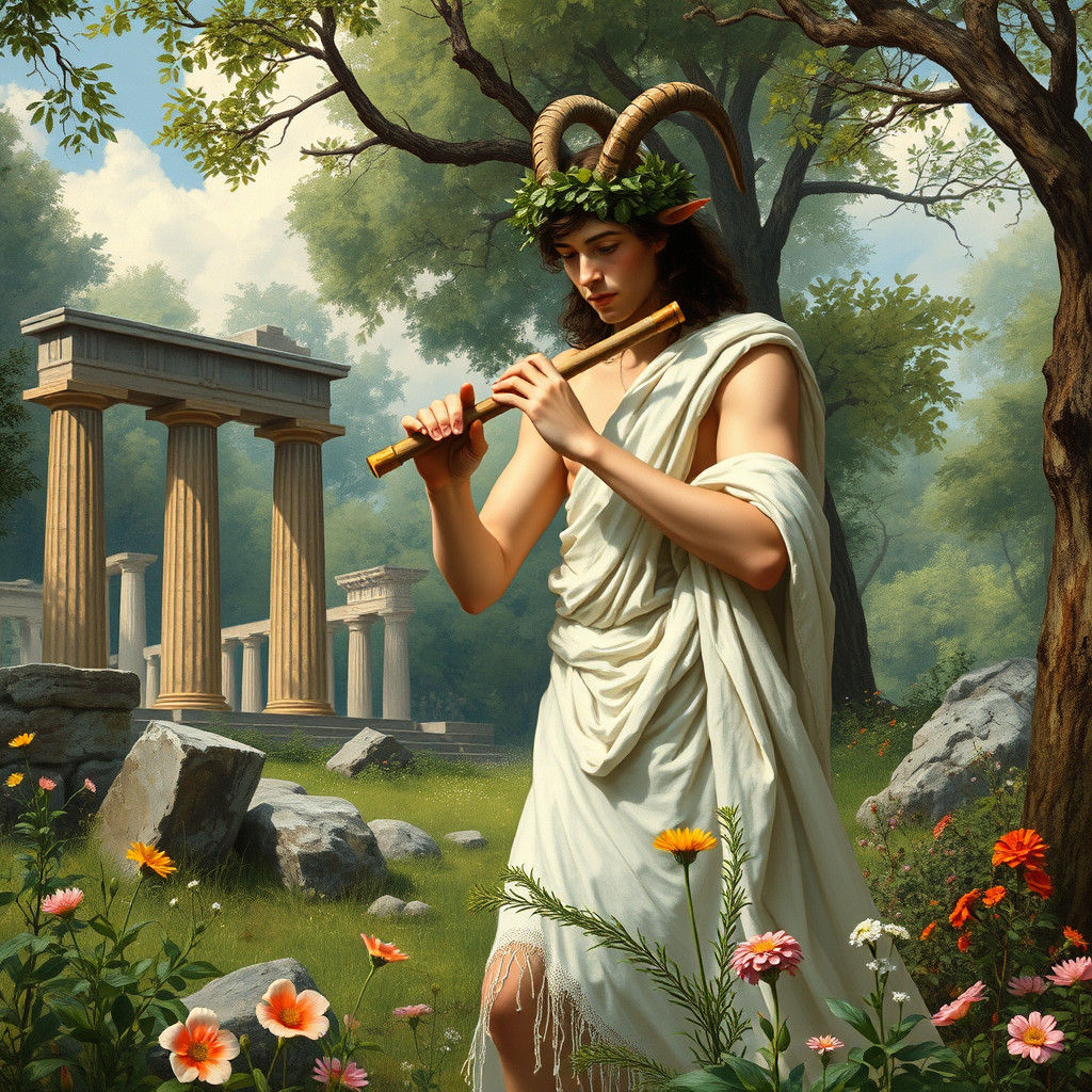 Pan Plays Flute in Idyllic Forest
