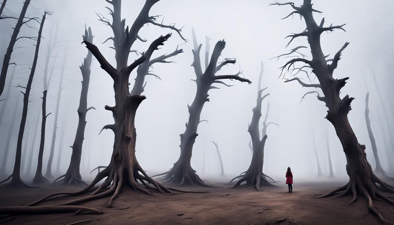 Girl in Foggy Landscape with Dead Trees