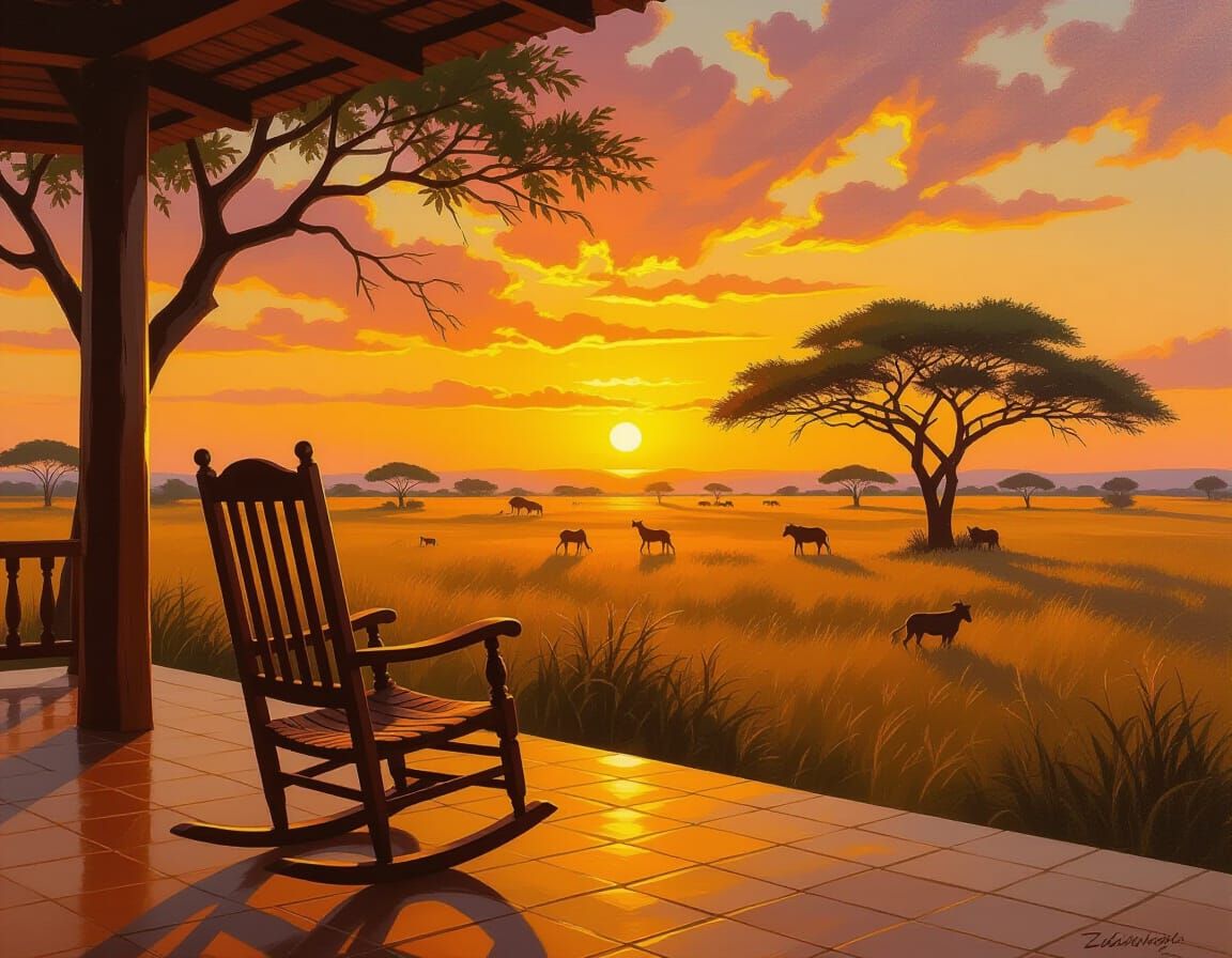 African Sunset From Lodge Veranda, Impressionistic Oil Paint...