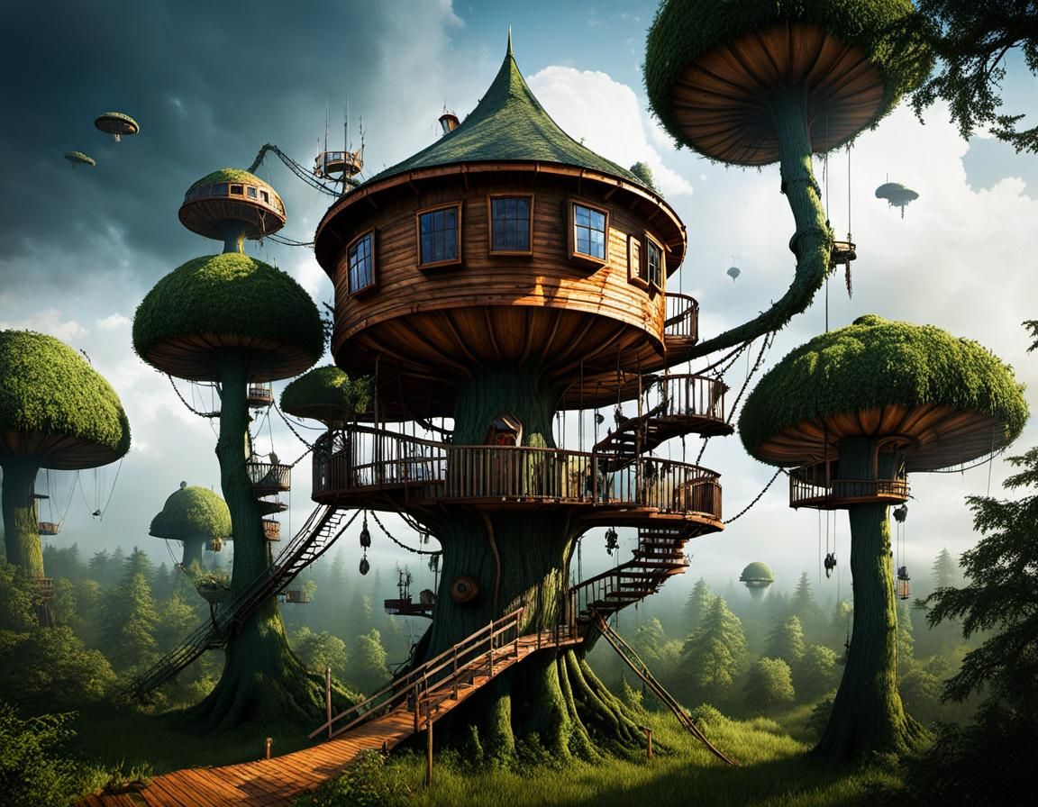 Zombie Apocalypse Treehouse with Barbed Wire and Turrets