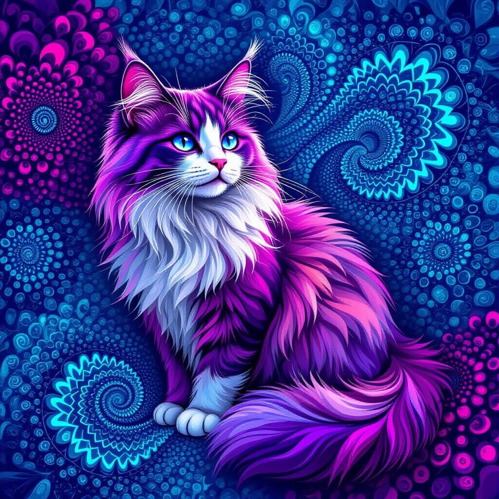 Whimsical Cat with Fractal Background in 3D Style