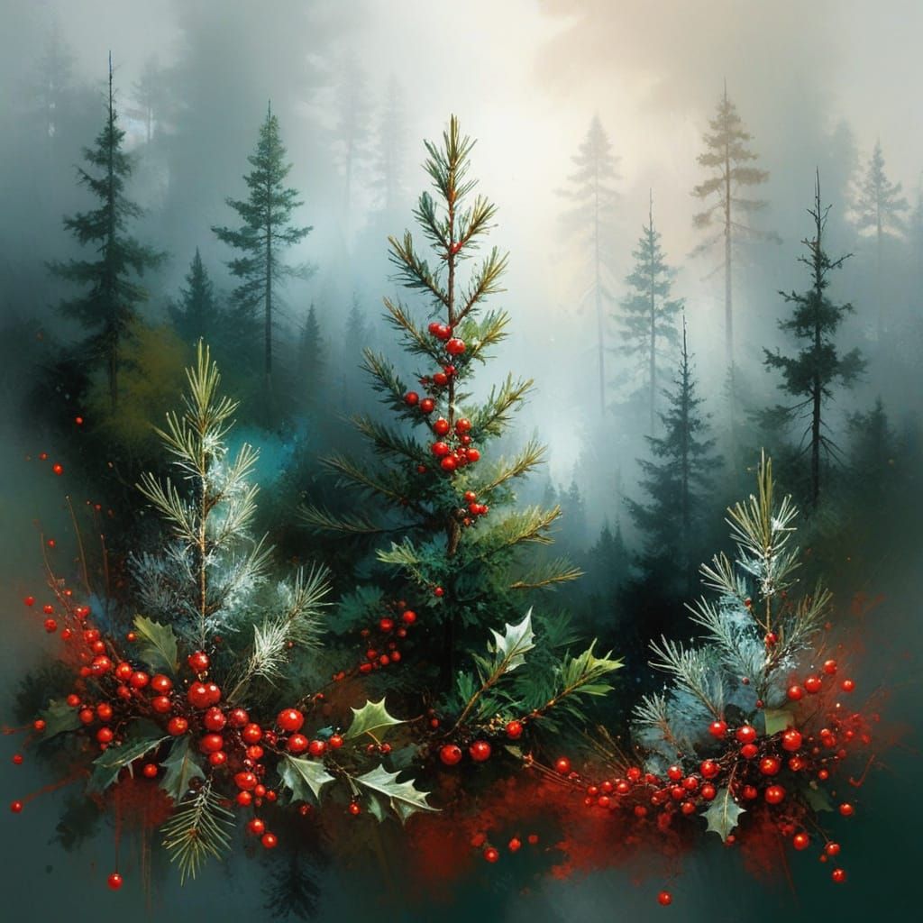 Evergreen Forest Scene with Pine Trees and Holly Berries